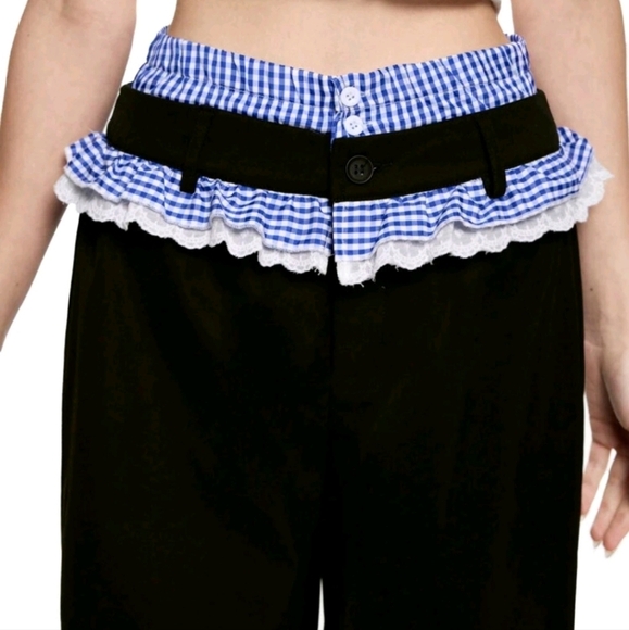 Women Say Contrasting Black Spliced ​​Waist Straight Trousers,Cute Trousers - Picture 5 of 6